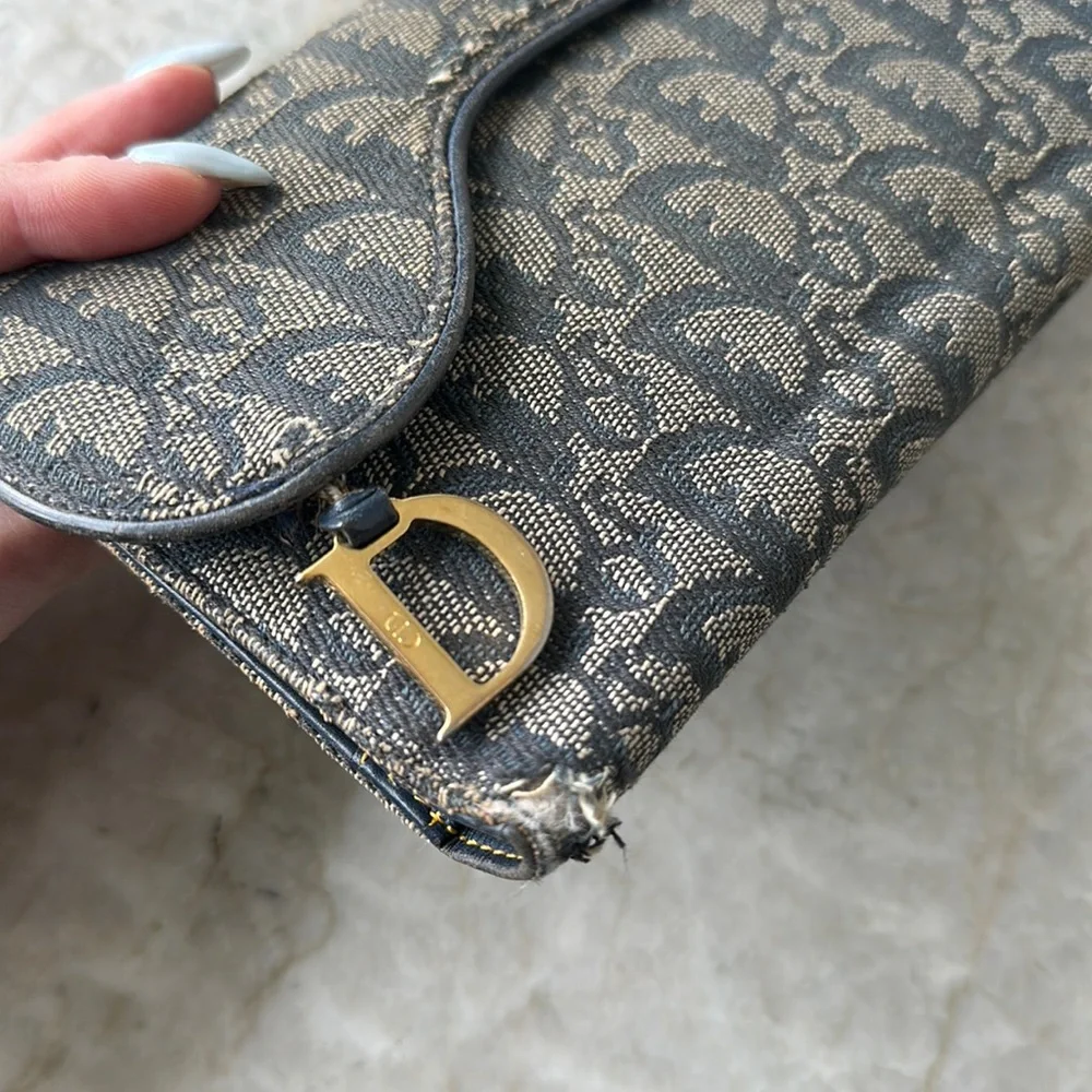 Christian Dior Large Denim Blue Gold Monogram Clutch Wallet